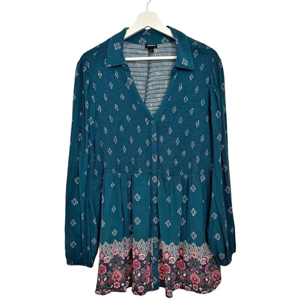 Torrid Floral Smocked Long Sleeve Babydoll Floral Tunic Top size 1X (1) - Picture 2 of 9